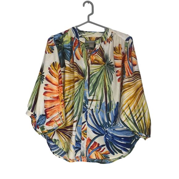 Chicos Palm Print Top Womens 1 Medium Resort Vacation Tropical Relaxed Billowy - Picture 1 of 11